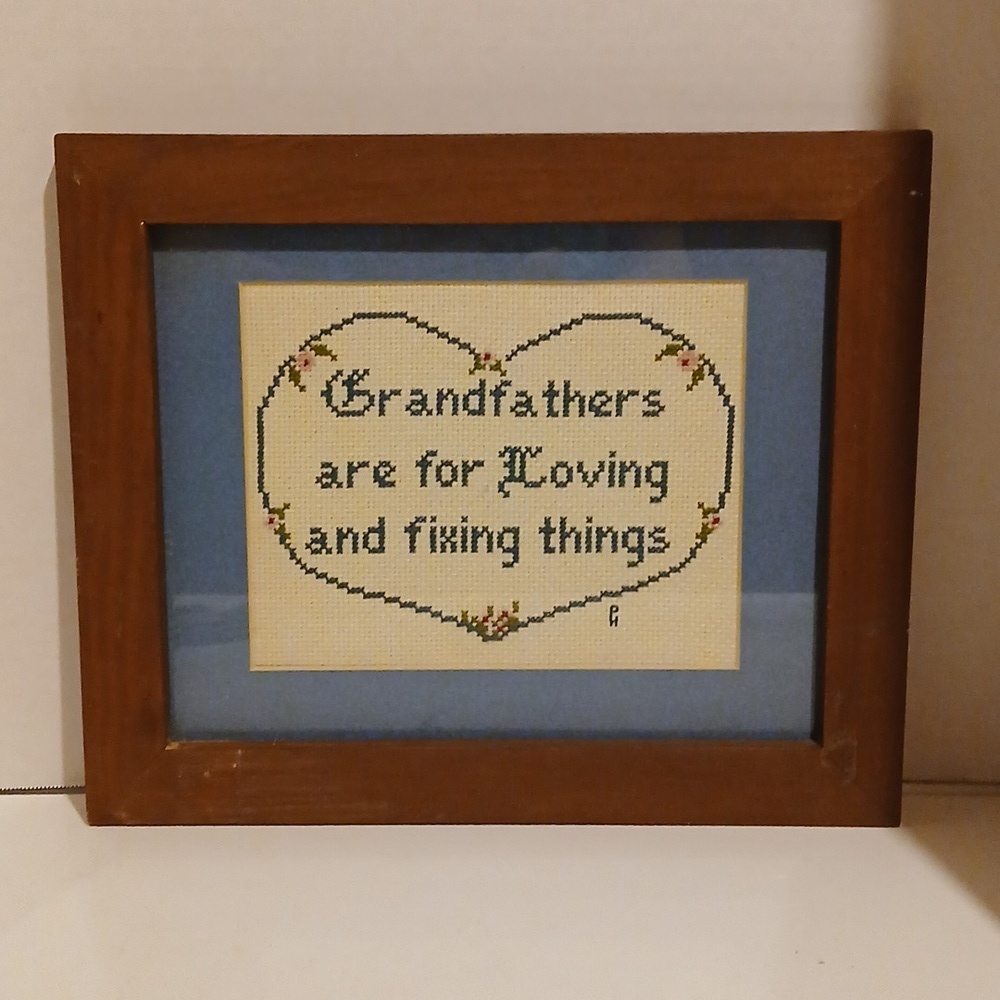 Vintage Framed Heart Cross-Stitch Art Grandfathers Are For Loving And Fixing